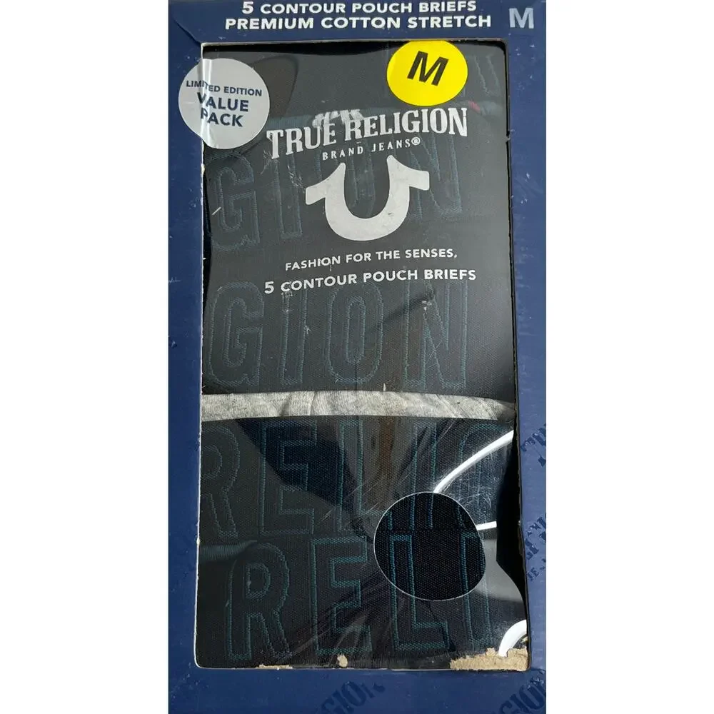 4-75 TRUE RELIGION Men's NIB Cotton Underwear Contour Pouch Briefs 5-PACK Medium